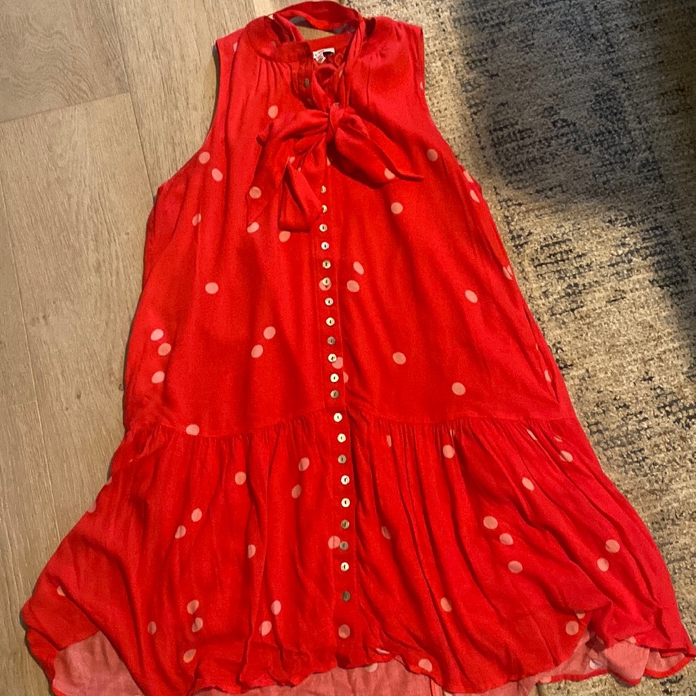 Bright red polka dot button down dress sz XS